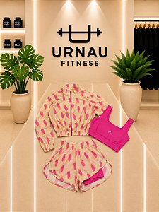 Conjunto Trio-Blusa, Top, short duplo- rosa chiclete com branco- tamanho: G