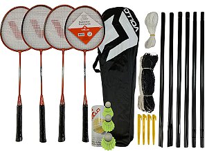 Kit Badminton para Treino Original, 4 Raquetes + 3 Petecas+ Nylon Rede e Suporte VB004 Vollo