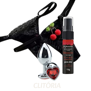 KIT: Calcinha Cereja Preta + Gel Sensaçoes + Plug Anal Coração P