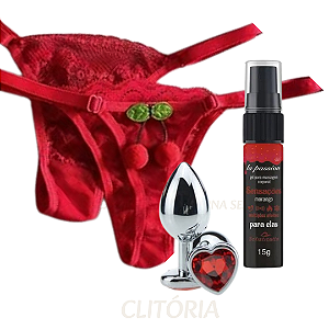 KIT: Calcinha Cereja Vermelha + Gel Sensaçoes + Plug Anal Coração P