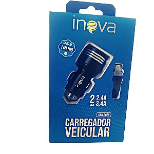 Carregador Veicular Inova 2.4A/3.4A CAR-8676 2 Entrada USB Com Cabo Tipo c Embutido