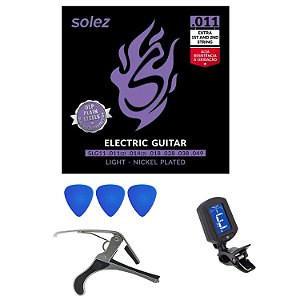 Kit Encordoamento Solez Guitarra 011 Afinador Capotraste