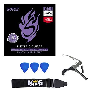 Kit Encordoamento Solez Guitarra 011 Palheta Capo Correia