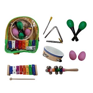 Kit Bandinha Percussão Infantil Mochila Ganzá Pandeiro