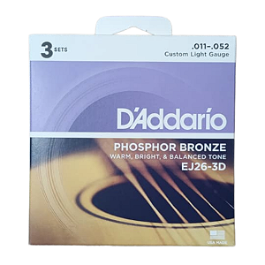 Encordoamento Violão Aço D'Addario 011 EJ26-3D 3 Jogos
