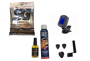 Kit Acessórios Violão Nylon Corda SG Limpa Cordas Aerosol