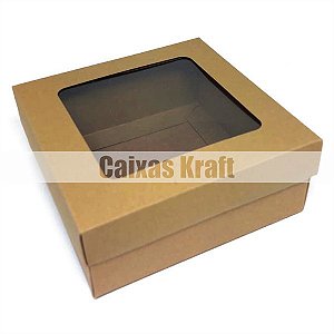 Caixinha 10x10x4 cm em kraft brown com tampa e visor - 12 unidades