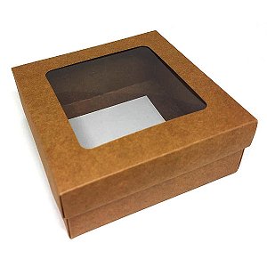 Caixinha 10x10x4 cm em kraft/branco com tampa e visor - 12 unidades