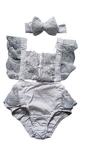 Romper Luxo Rendado Branco e Prata