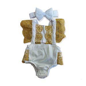 Romper Luxo Rendado Branco e Dourado