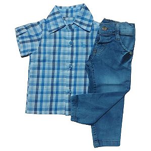 Conjunto infantil com calça jeans e camisa xadrez Riva