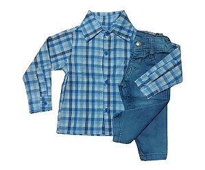 Conjunto infantil com calça jeans e camisa xadrez Bye