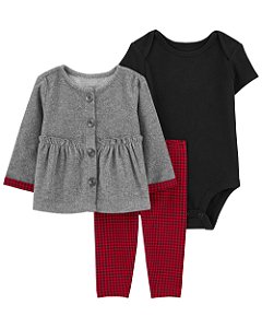 Conjunto Carter's 3 Peças Xadrez Cinza Fleece