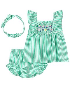 Bata Carter's 3 Peças Verde Listrado Flores Bordadas