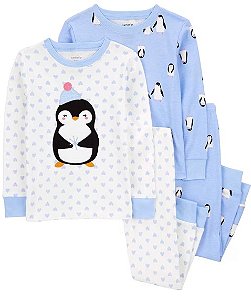 Pijama Carter's 4 Peças Azul Pinguim Corações