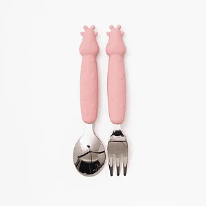 Kit Talher infantil em aço inoxidável e silicone rosa Petit Pia