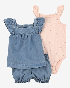 Conjunto Carter's 3 Peças Jeans Body Rosa
