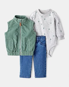 Conjunto Carter's 3 Peças Colete Verde Calça Jeans