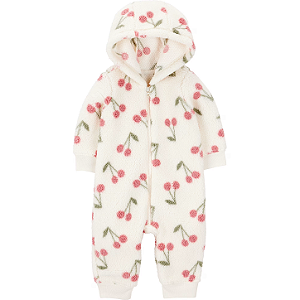 Macacão Carter's Sherpa Branco Cerejinha com Capuz Orelhinha Urso