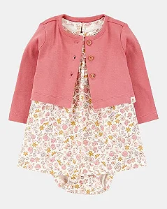 Conjunto Carter's 2 Peças Vestido Body Floral com Cardigan Rosa