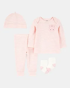 Kit Enxoval 4 peças Listras Rosa Coelhinha