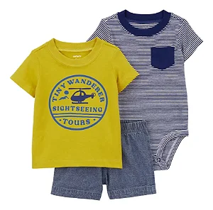 Conjunto Carter's 3 Peças Amarelo Helicóptero Shorts Jeans