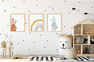 Kit Quadro Infantil Coelhos Arco-íris Boho