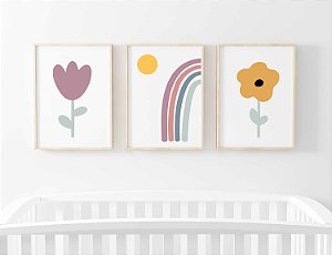 Kit Quadro Infantil Flores Arco-íris