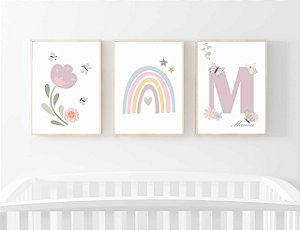 Kit Quadro Infantil Flores Arco-íris Nome
