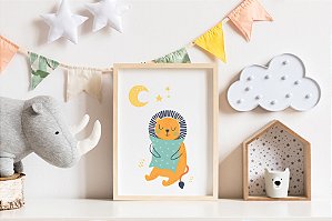 Quadro Infantil Leão Dorminhoco Travesseiro Azul