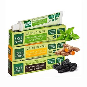 Kit 3 Creme Dental Boni Natural - Carvão, Cúrcuma, Melaleuca