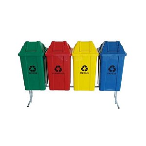 Conjunto Com 04 Lixeiras Em Plástico Com Tampa Vai-Vem Para Coleta Seletiva 100 Litros Cada