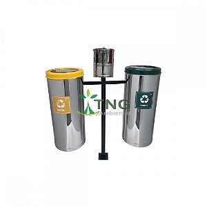 Conjunto Coleta Seletiva Com 02 Lixeiras Em Aço Inox Tampa Flip-Top , 50 Litros Cada e Bituqueira