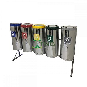 Conjunto Coleta Seletiva Com 05 Lixeiras Em Aço Inox e Tampa Flip-Top, 32 Litros Cada
