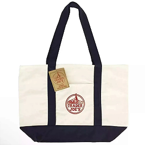 Sacola Reutilizável Trader Joe's Large Tote Shopping Bag Cotton Canvas Embroidered Bag | Cor: Azul-marinho