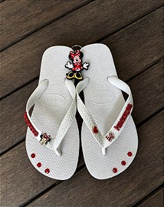 Chinelo Havaianas Personalizado Pin Minnie+laço+coração+logo branco