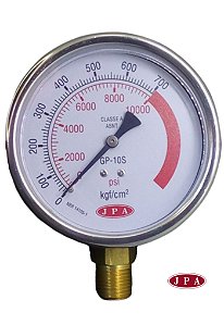 MANOMETRO RETO 100MM GP-10S ROSCA 1/2 CAIXA INOX FAIXA VERMELHA