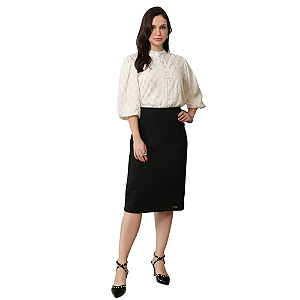 Saia reta com fio de lurex em malha jacquard D'azul