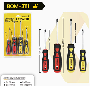 Kit Jogo Chave De Fenda Phillips 4 Pecas Magnética BOM-3111