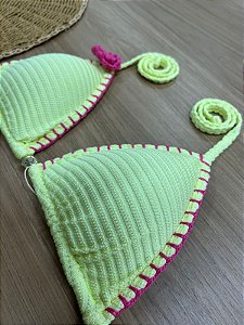 TOP BIQUINI CORTININHA AMARELO COM DETALHE EM CROCHÊ NA COR ROSA | REF 4011B