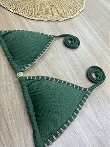 TOP BIQUINI CORTININHA VERDE COM DETALHE EM CROCHÊ NA COR MARROM | REF 4011I