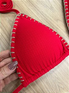 TOP BIQUINI CORTININHA VERMELHO COM DETALHE EM CROCHÊ NA COR MARROM | REF 4011V