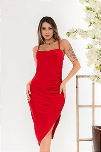 Vestido Canelado de Alcinha com Fenda Lateral Tecido Grosso