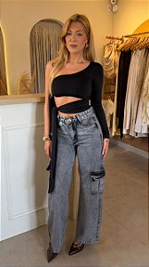 CALÇA JEANS CARGO PRETA ESTONADA