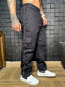 CALÇA MASCULINA-CARGO-BOLSO LATERAL-CORDÃO-STREET-PRETO E BRANCO-