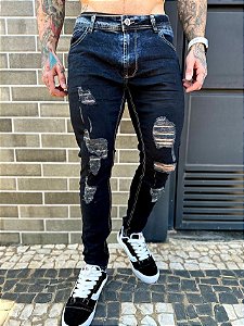 CALÇA PRETA MASCULINA JEANS SKINNY-CITY DENIM-DESTROYED