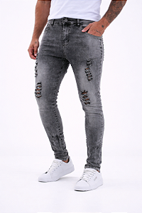 CALÇA JEANS SKINNY JEANS DESTROYED CINZA ELASTANO