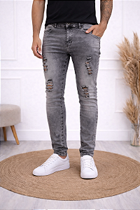 CALÇA JEANS SKINNY JEANS DESTROYED CINZA ELASTANO