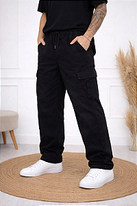 CALÇA CARGO PRETA UNISSEX BOLSO LATERAL STREET SARJA