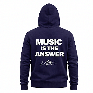 MOLETOM CANGURU AZUL MARINHO UNISSEX AFTER MUSIC IS THE ANSWER COM CAPUZ BOLSO FRONTAL